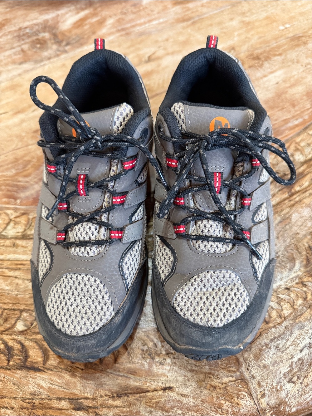 Merrell Kids Gray and Black Athletic Hiking Shoes with Red Accents